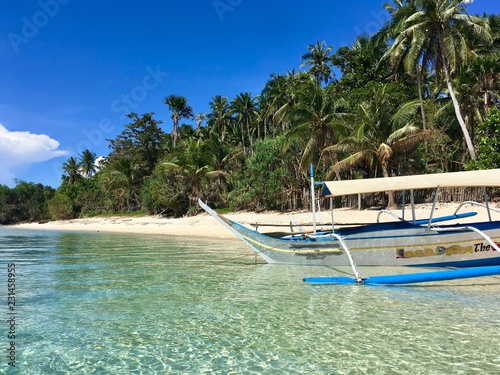 a lonely boat on the paradise sandy beach  Palawan  Philippines