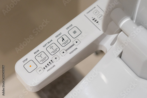 Pattaya, THAILAND - November 3, 2018: Modern high tech toilet with electronic bidet in Thailand. Industry leaders recently agreed on signage standards for Japanese toilet bowls.