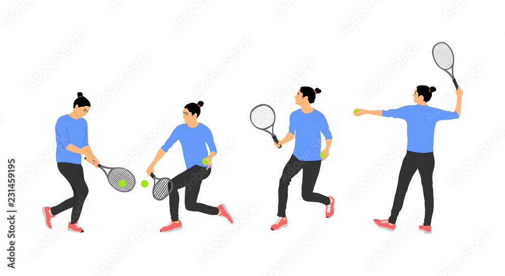 Woman tennis player vector illustration isolated on white background. Sport tennis girl in recreation pose. Girl play tennis. Active lady hobby training after work. Anti stress worming up . Woman tennis player vector illustration isolated on white background. Sport tennis girl in recreation pose. Girl play tennis. Active lady hobby training after work. Anti stress worming up .