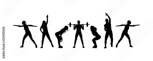 Body building woman with barbell flexing muscles shoulder press squat. Fitness instructor training in gym vector silhouette. Weightlifter, bodybuilder. Personal trainer workout. Sport lady exercise.