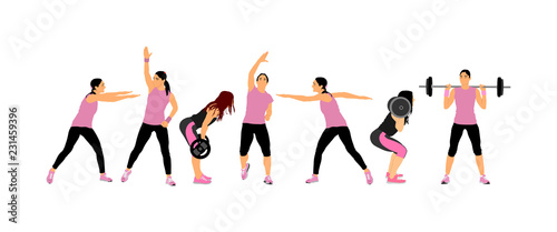 Body building woman with barbell flexing muscles making shoulder press squat. Fitness instructor training in gym vector. Weightlifter, bodybuilder. Personal trainer workout. Fit sport lady exercise.