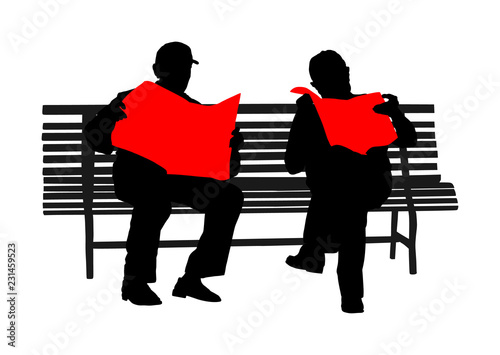 Two pensioners read newspapers on the bench in park. Vector silhouette isolated on white background. Senior friends relaxing outdoor. Retail old man. Grandpa and veteran neighbor speaking in public.