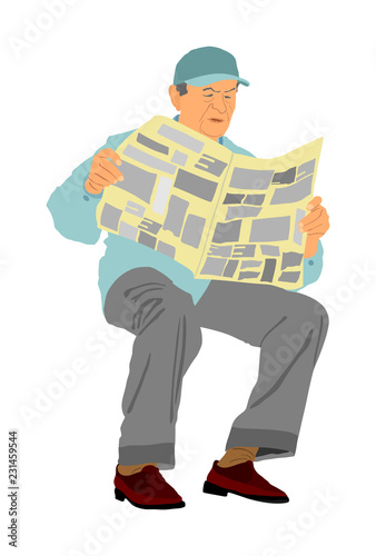 Pensioner read newspapers vector illustration isolated on white background. Senior relaxing. Retail old man reading magazine. Grandpa veteran spend free time. Life insurance. Mature person informing.