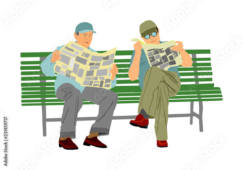 Two pensioners read newspapers on the bench in park. Vector illustration isolated on white background. Senior friends relaxing outdoor. Retail old man. Grandpa and veteran neighbor speaking in public.