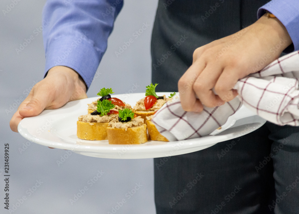 Restaurant serving, decorating dish, preparing food, fine dining, food served Restaurant serving, decorating dish, preparing food, fine dining, food served