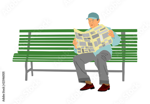 Senior, mature man sitting on a bench in park vector illustration. Grandfather outdoor relaxing. Gentleman with glasses sitting on a wooden chair and reading a newspaper in a park. Pensioner time.