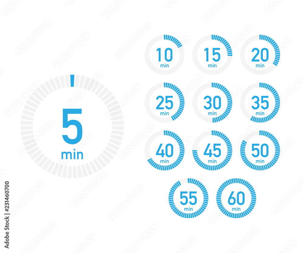 Digital countdown timer with five minutes interval in modern style. Set of 12 timer icons. Vector illustration Stock Vector Adobe Stock