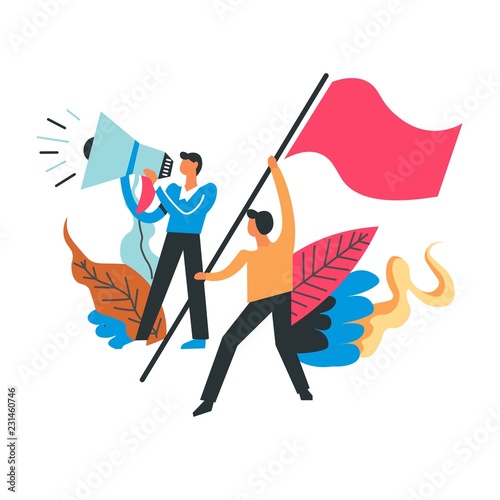 Protesting people with flags and loudspeakers, revolution demonstration
