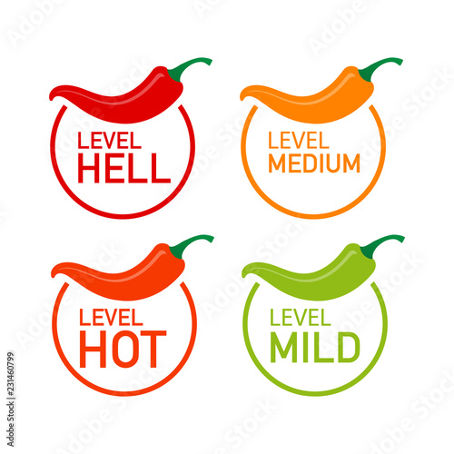 Hot red pepper strength scale indicator with mild, medium, hot and hell positions. Vector illustration.