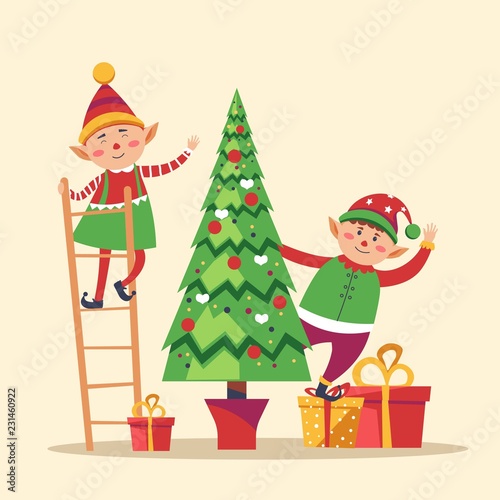Elves preparing Christmas pine evergreen tree for winter holiday