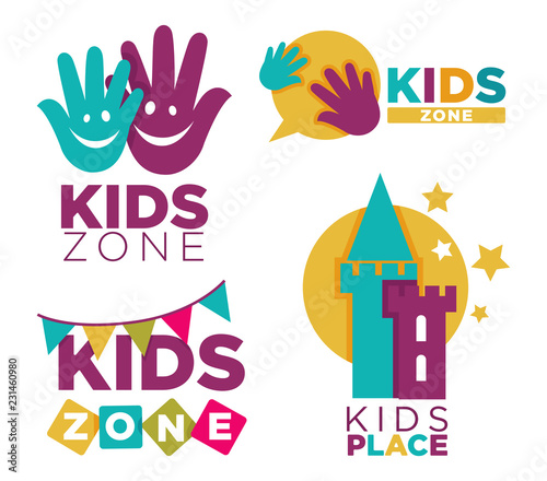 Kids place with entertainments bright promotional emblems set isolated cartoon flat vector illustration on white background