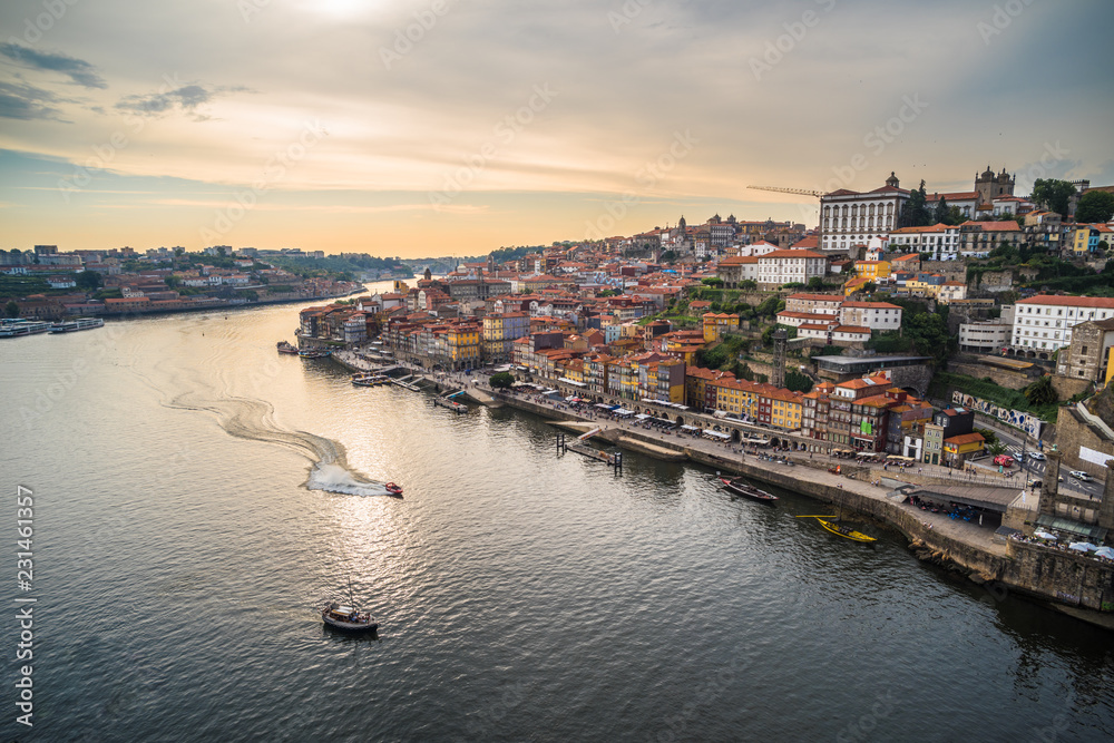 Sunset panoramic view of Porto waterfront, Portugal