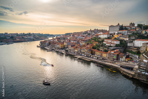 Sunset panoramic view of Porto waterfront, Portugal