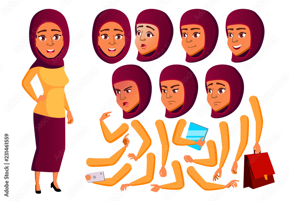 Teen Girl Vector. Teenager. Arab, Muslim. Funny, Friendship. Face Emotions,  Various Gestures. Animation Creation Set. Isolated Flat Cartoon Character  Illustration Stock Vector | Adobe Stock
