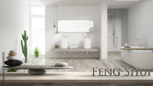 Canvas Print Wooden vintage table shelf with stone balance and 3d letters making the word fen