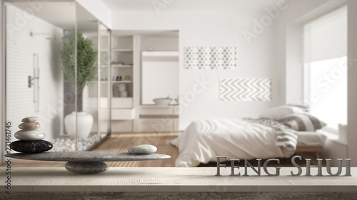 Canvas Print Wooden vintage table shelf with stone balance and 3d letters making the word fen