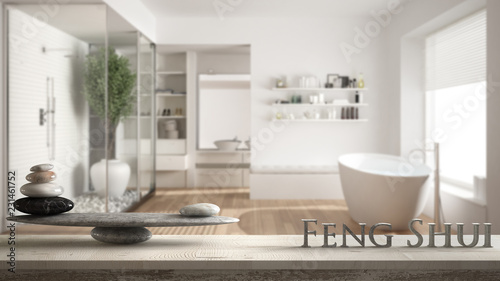 Photography Wooden vintage table shelf with stone balance and 3d letters making the word fen