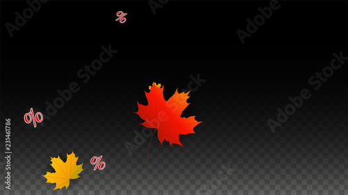 Vector Percentage Sign and Autumn Leaves Confetti on Transparent Background. Percent Sale Background. Business, Economics, Finance Print. Discount Illustration. Promotion poster. Black Friday Banner. 