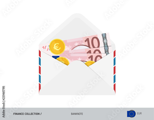 10 Euro Banknote. Flat style opened envelope with cash. Euro banknotes and coins. Salary payout or corruption concept.