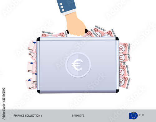 Hand holds a metal case with 10 Euro Banknotes. Flat style vector illustration. Salary payout or corruption concept.