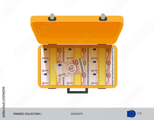 Yellow case with 10 Euro Banknotes. Flat style vector illustration. Salary payout or corruption concept.