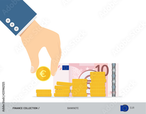 Hand putting coins to coin stack with 10 Euro Banknote. Flat style vector illustration. Growing graph. Finance concept.