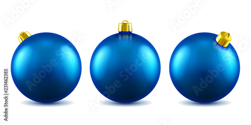 Set of isolated 3d toys for 2019 new year or realistic blue baubles for ornamenting christmas tree. Volumetric Xmas spheres for holiday decoration. Winter festive and celebration theme