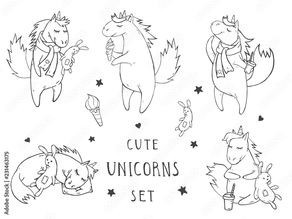 Vector set of hand drawn cute unicorns on withe background. Cartoon style. Monochrome. Vector set of hand drawn cute unicorns on withe background. Cartoon style. Monochrome.