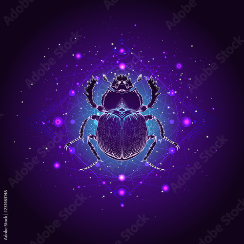 Vector illustration with hand drawn scarab and Sacred geometric symbol against the starry sky. Abstract mystic sign. 
