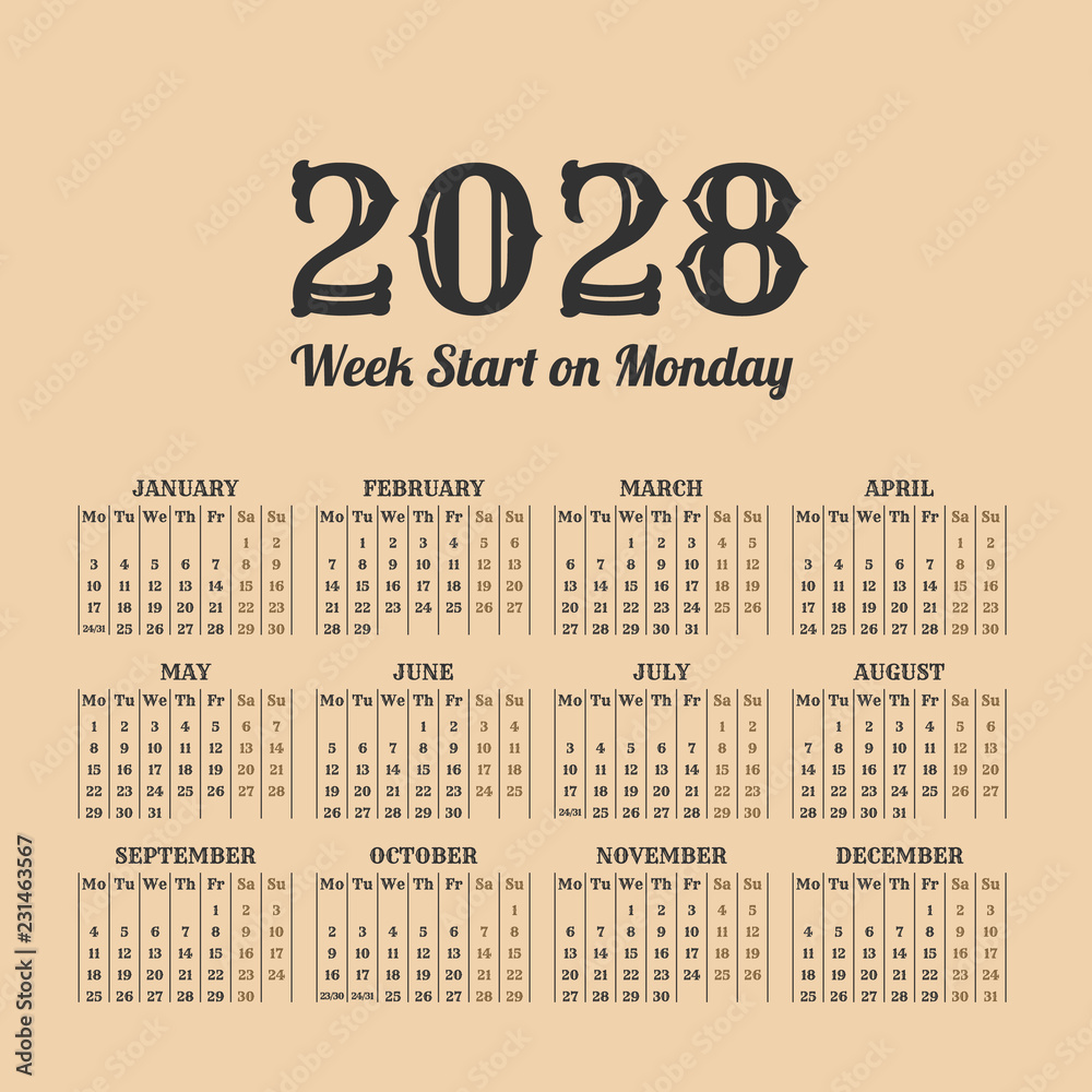 2028 year vintage calendar. Weeks start on monday Stock Vector | Adobe Stock