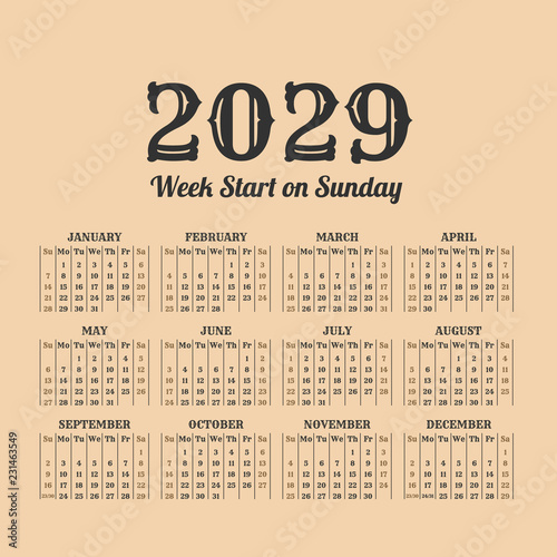 2029 year vintage calendar. Weeks start on sunday