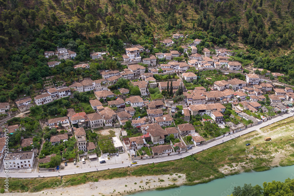 View of the valley of the river Osum in the city of Berat, Albania. Berat, called the city of a thousand windows.
