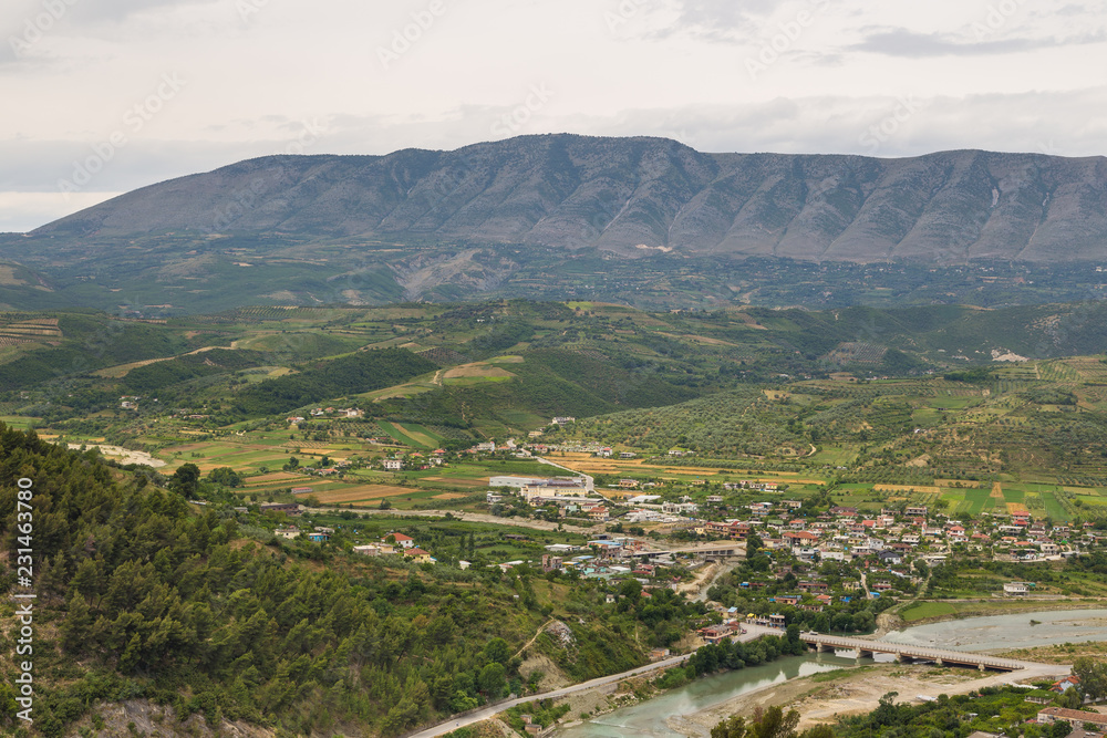 View of the valley of the river Osum in the city of Berat, Albania. Berat, called the city of a thousand windows. View of the valley of the river Osum in the city of Berat, Albania. Berat, called the city of a thousand windows.
