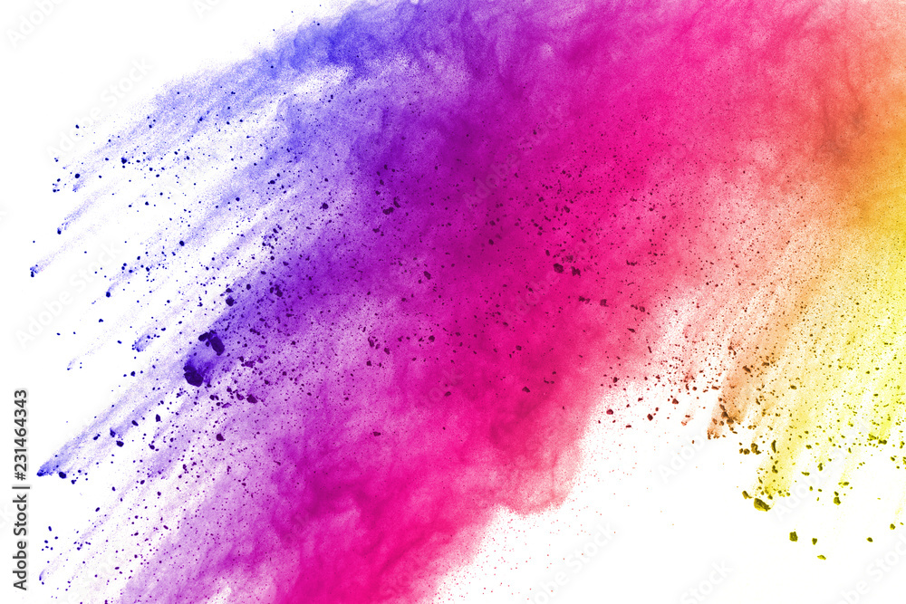 Freeze motion of colored powder explosions isolated on white background. Freeze motion of colored powder explosions isolated on white background.