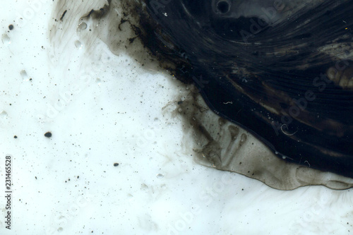 Abstract ink background. Marble style. Black paint stroke texture on white paper. Wallpaper for web and game design. Grunge mud art. Macro image of pen juice. Dark Smear.