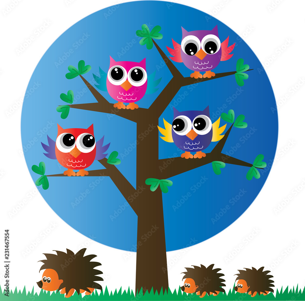 Obraz premium colorful owls sitting in tree header or banner