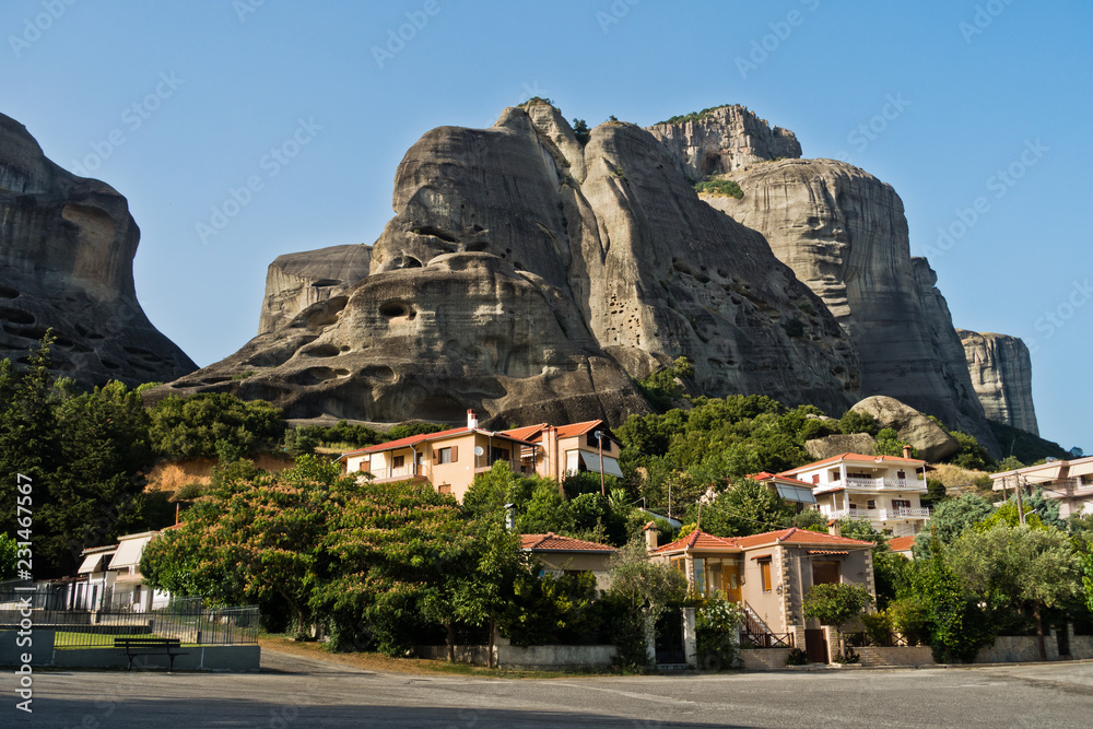 Huge rocks above village of Kalambaka, at Meteora valley in Thessaly, Greece