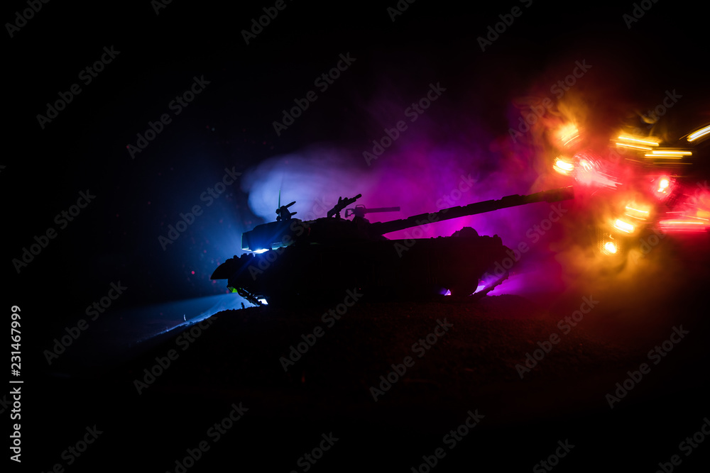 War Concept. Military silhouettes fighting scene on war fog sky background, World War German Tanks Silhouettes Below Cloudy Skyline At night. Attack scene. Armored vehicles. Tanks battle War Concept. Military silhouettes fighting scene on war fog sky background, World War German Tanks Silhouettes Below Cloudy Skyline At night. Attack scene. Armored vehicles. Tanks battle