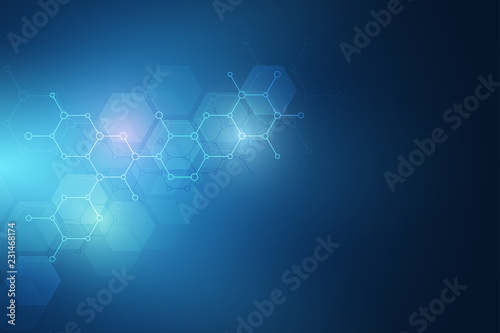 Molecular structures and hexagons elements. Abstract geometric background with molecules and communication. Hexagons pattern for medical or scientific and technological design.