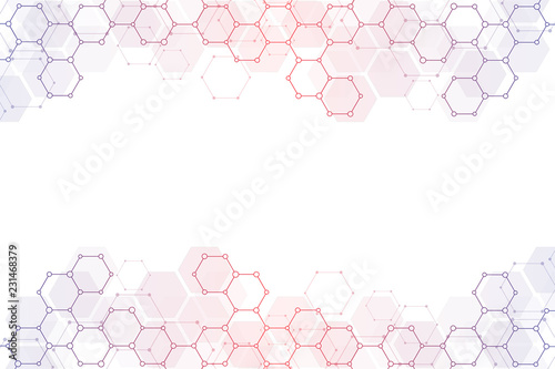 Geometric abstract background with hexagons elements. Medical background texture for modern design. Illustration of molecular structures and hexagons pattern. Science and Technology concept.
