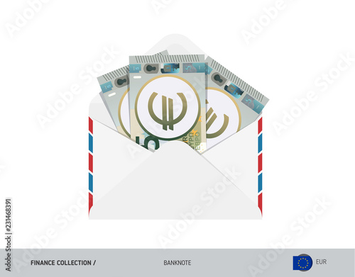 5 Euro Banknotes in envelope. Flat style opened white envelope with cash. Salary payout or corruption concept.