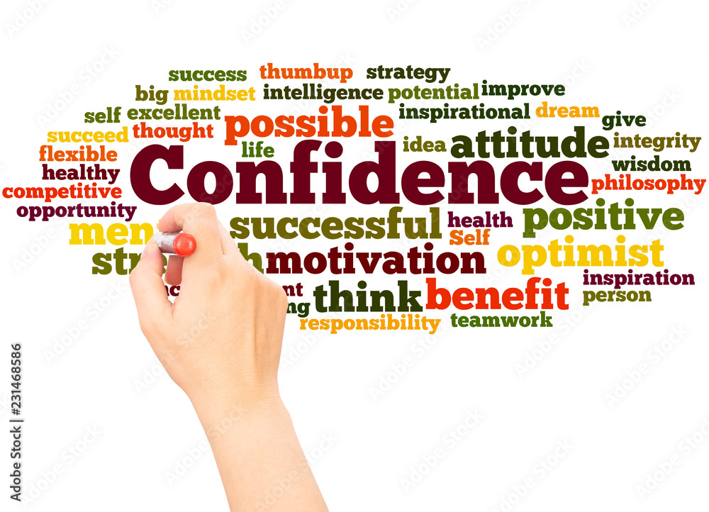 Confidence word cloud and hand with marker concept Confidence word cloud and hand with marker concept