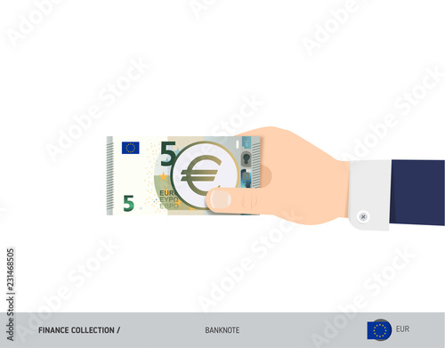 5 Euro Banknote. Hand gives money. Flat style vector illustration. Salary payout or corruption concept.