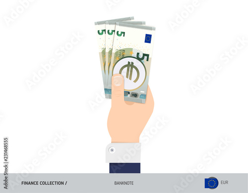5 Euro Banknote. Hand gives money. Flat style vector illustration. Salary payout or corruption concept.
