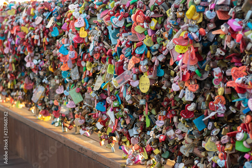 areity of locked key at N Seoul tower on the Namsan mountain that people believe they will have the forever love if write the couple name on it