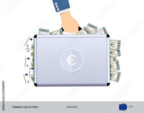 Hand holds a metal case with 5 Euro Banknotes. Flat style vector illustration. Salary payout or corruption concept.