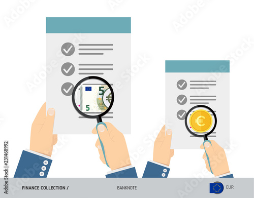 Search 5 Euro Banknote and coin. Flat style vector illustration. Favorable conditions concept.