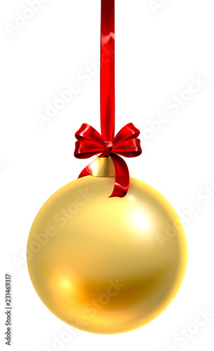 A bauble Christmas ball glass ornament in gold with a red bow and ribbon