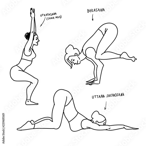 Bakasana, utkatasana , uttana shishosana yoga poses