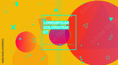 Memphis Minimal Cover Horizontal Vector Template. Neon Gradient Overlay, Small Space Particles Background. Geometric Memphis Design Elements, Horizontal Music Poster. Vintage Elemets Business Design.